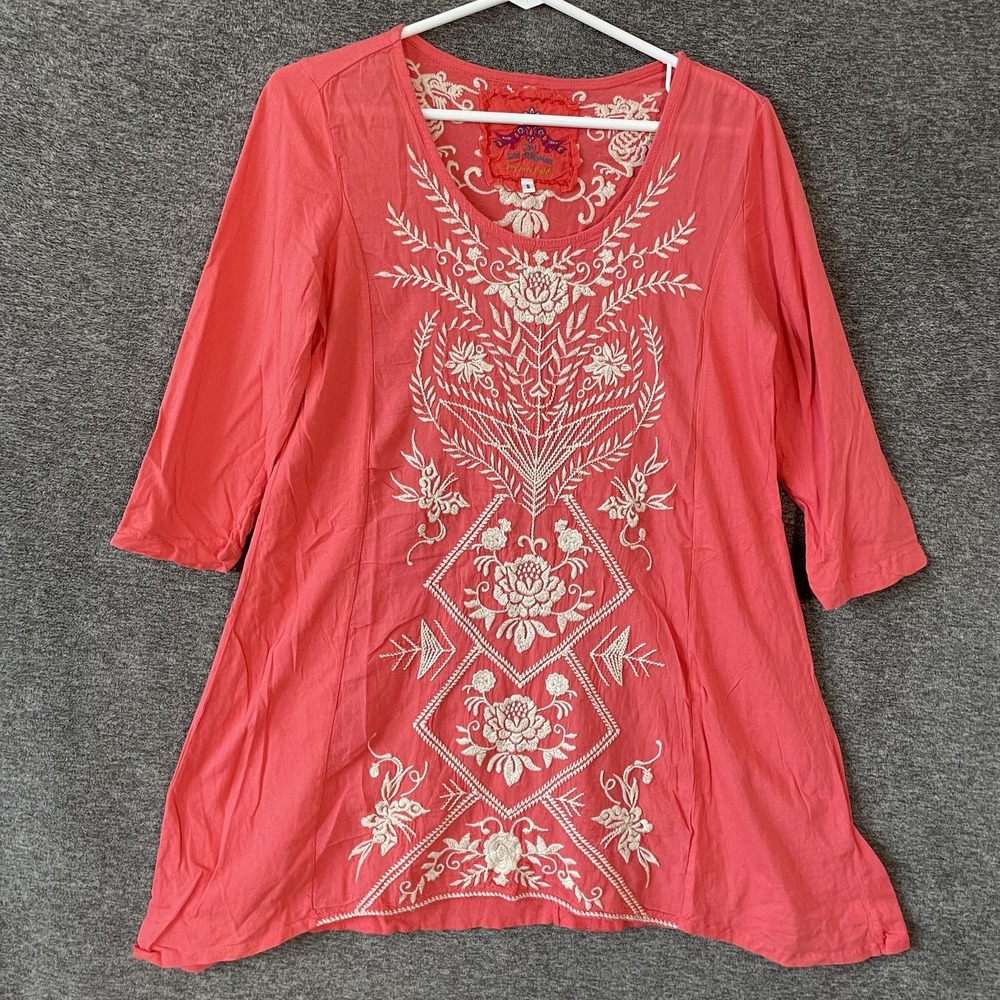 Johnny Was Los Angeles Tunic Top Women Small Pink Embroidered Floral Boho V Neck